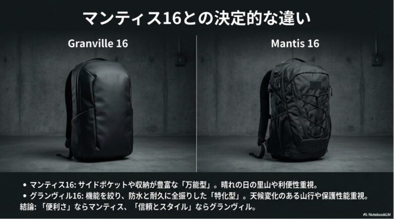 万能型のマンティス16と、防水・耐久特化型のグランヴィル16の違いを「便利さ」と「信頼」の軸で比較したスライド。