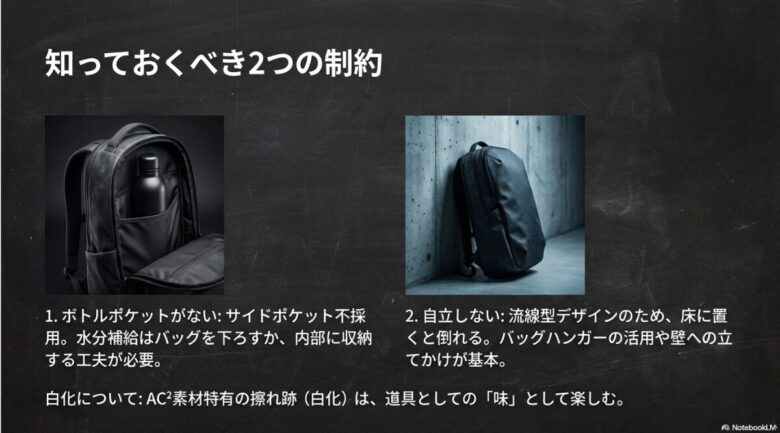 ボトルポケットの欠如、自立しないデザイン、AC2素材特有の擦れ跡（白化）についての注意点をまとめたスライド