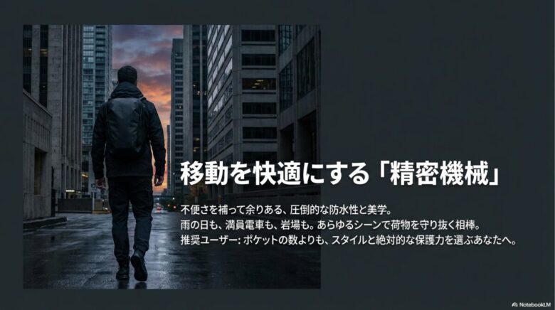 圧倒的な防水性と美学を兼ね備えた、グランヴィル16の推奨ユーザーと総括をまとめたスライド。