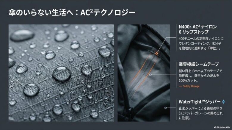 AC2テクノロジーの図解。400デニールの高密度ナイロンにウレタンコーティングを施した素材、針穴からの浸水を100%カットする13mm以下の極細シームテープ、止水ジッパーの仕組みを解説している