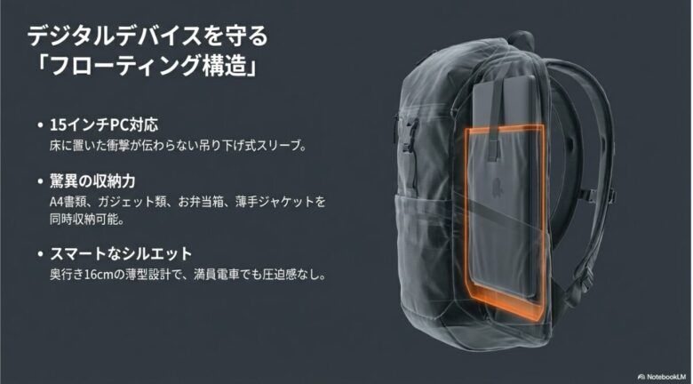 バッグ内部の透過図。15インチPCを床の衝撃から守る吊り下げ式スリーブ、A4書類やお弁当箱も入る収納力、奥行き16cmの薄型設計を解説している