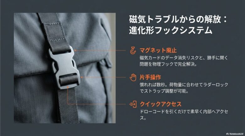 新しいフックシステムの拡大写真。マグネット廃止による磁気カードの保護、ラダーロックによるストラップ調整、ドローコードでのクイックアクセスについて記載されている 。