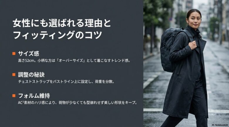 女性ユーザー向けのガイド。52cmの高さに対するサイズ感の捉え方、チェストストラップをバストライン上に設定する調整コツ、型崩れしないAC2素材の美しさを説明している 。