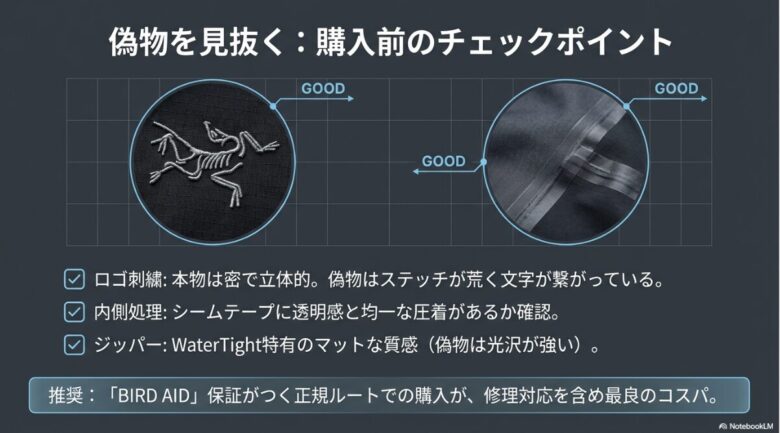 本物と偽物の比較図。立体的で密なロゴ刺繍、透明感のあるシームテープ処理、マットな質感の止水ジッパー、BIRD AID保証の重要性を解説している 。