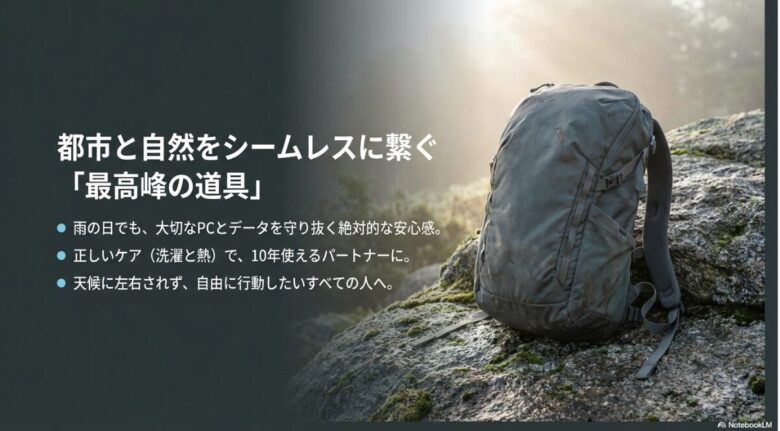 記事の総括スライド。PCとデータを守る絶対的な安心感、正しいケアで10年使える耐久性、天候に左右されない自由な行動を強調している 。