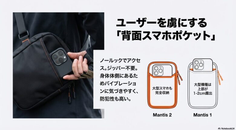 マンティス1と2でのスマートフォン収納時の深さの違いと比較画像