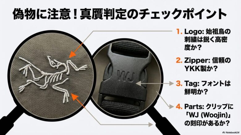 始祖鳥ロゴ・YKKファスナー・製造タグ・WJ刻印による真贋判定リスト