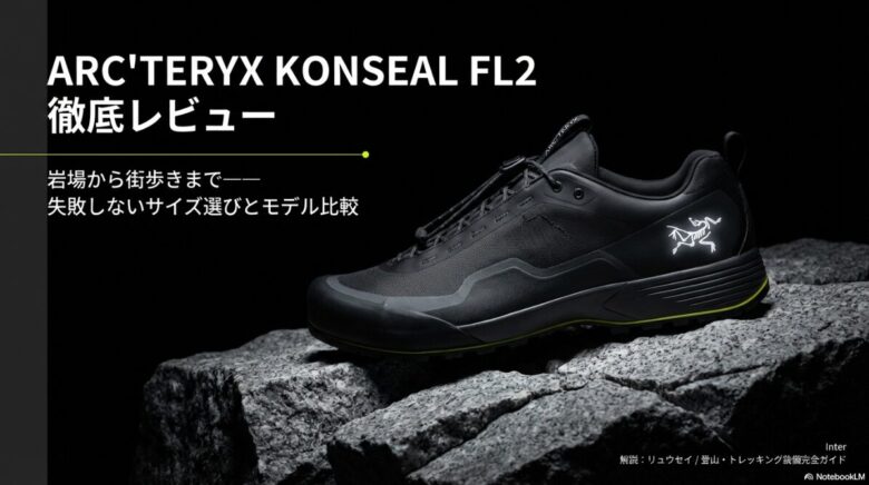 アークテリクス コンシールFL2の製品画像と、岩場から街歩きまで対応するサイズ選びとモデル比較を解説するタイトルのスライド
