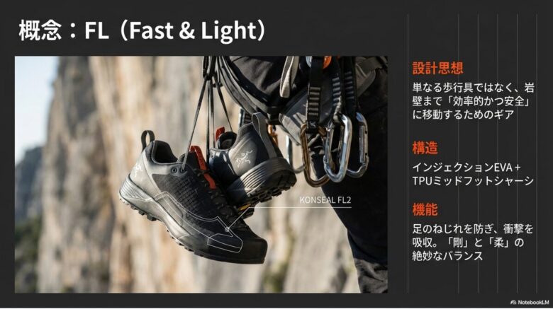「Fast & Light」のコンセプトと、インジェクションEVAやTPUミッドフットシャーシによる「剛」と「柔」のバランスを説明する図解スライド