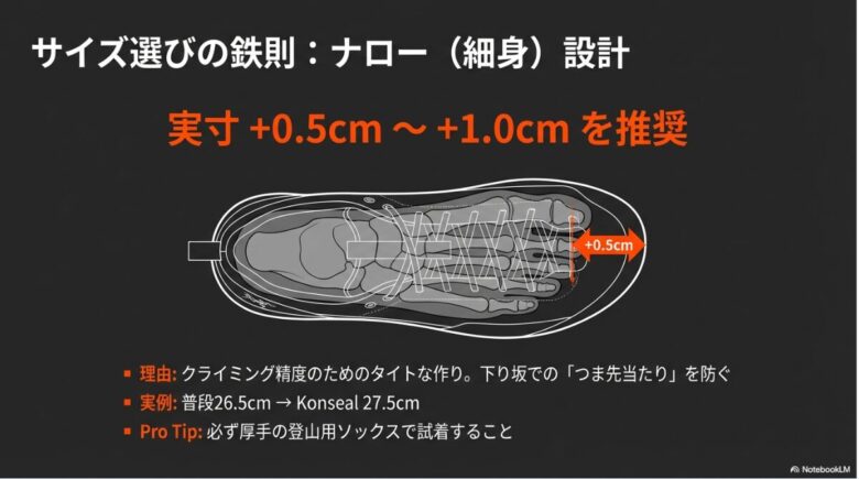 ナロー設計のため実寸+0.5cmから1.0cmアップを推奨し、下り坂でのつま先当たりを防ぐ理由を説明した足型のイラストスライド