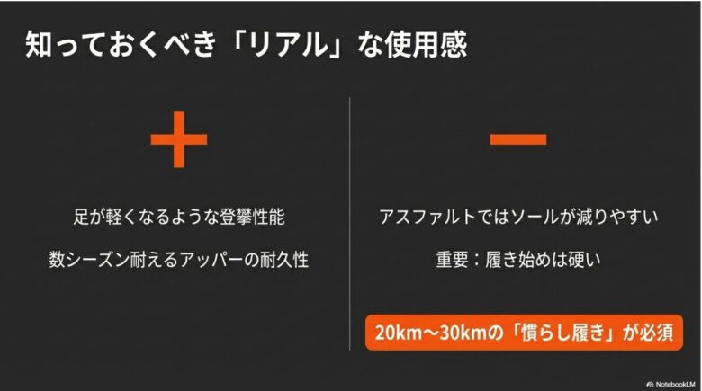 登攀性能や耐久性のメリットと、ソールの減りやすさ、履き始めの硬さ、20km〜30kmの慣らし履き必須というリアルな注意点をまとめたスライド