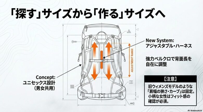 エアリオス18の背面構造図。強力なベルクロによって背面長を自在に調整できるアジャスタブル・ハーネスの仕組みと調整範囲の図解