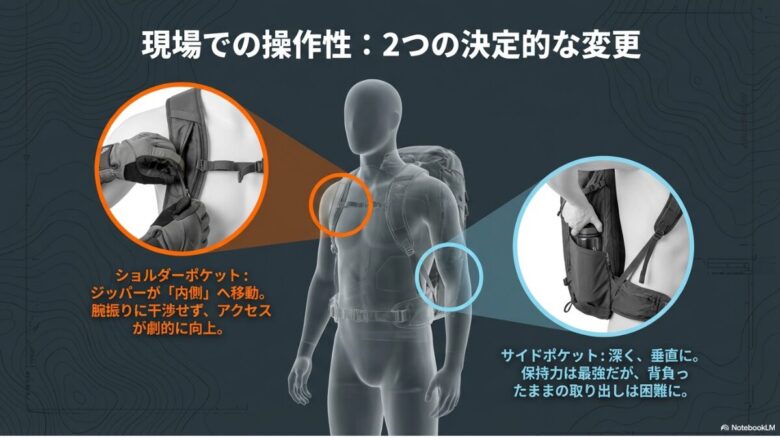 ショルダーポケットのジッパーが内側へ移動しアクセスが向上した様子と、サイドポケットが深く垂直になり保持力が向上した様子を示す比較画像