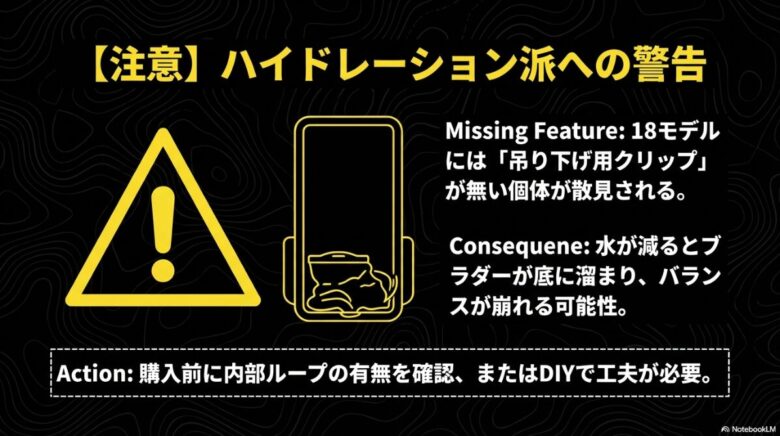 エアリオス18モデルにはハイドレーションの吊り下げ用クリップが無い個体があることへの注意喚起。水が減るとバランスが崩れる可能性と対策の解説