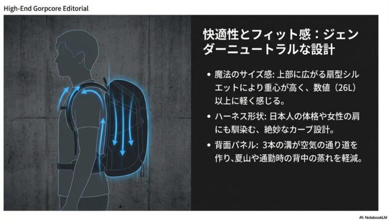 背面パネルの3本の溝が空気の通り道を作り、蒸れを軽減する仕組みと、重心が高く軽く感じる扇型シルエットの解説。