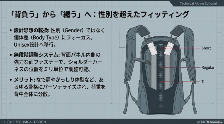 背面パネルの面ファスナーでショルダーハーネスの位置を調整するシステムの図解。個体差にフォーカスした3サイズ展開の解説。