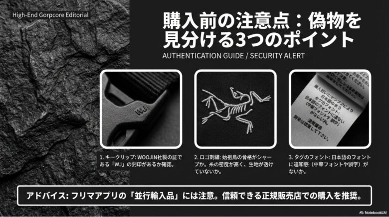 正規品にあるキークリップのWJ刻印、シャープなロゴ刺繍、日本語フォントの違和感など、真贋判定のポイントをまとめたガイド
