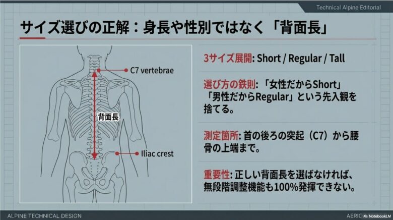 背面長(トルソー)の測定方法を図解したイラスト。首の突起C7から腰骨の上端までの測定が重要であることを示している。