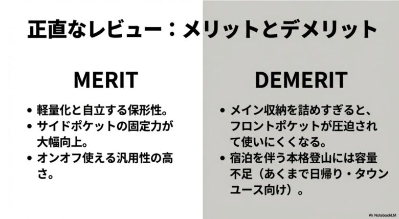 軽量化やサイドポケットの改善といったメリットと、詰めすぎるとフロントポケットが圧迫される、本格登山には容量不足といったデメリットの比較。