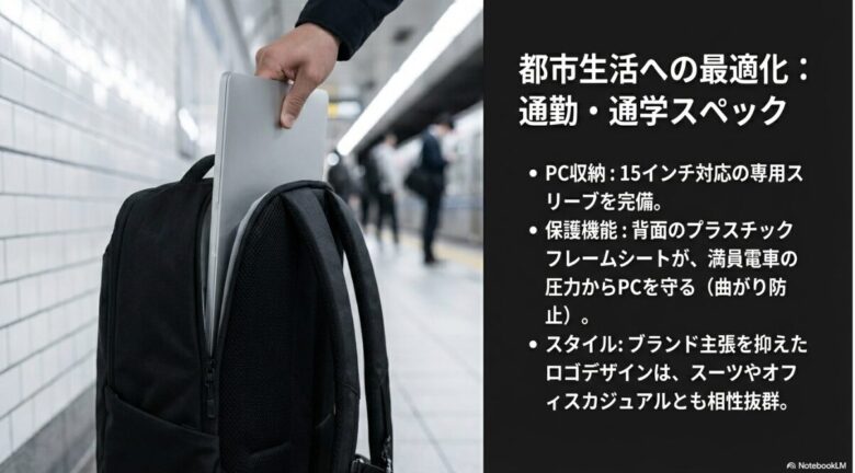 背面のフレームシートが満員電車の圧力からPCを守る仕組みと、ビジネスシーンに馴染むロゴデザインの解説。