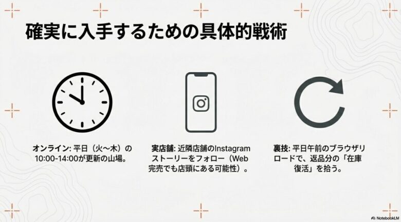 オンライン更新は平日10時から14時が山場であること、実店舗のInstagramストーリー活用、返品分の在庫復活を拾う裏技についての解説図