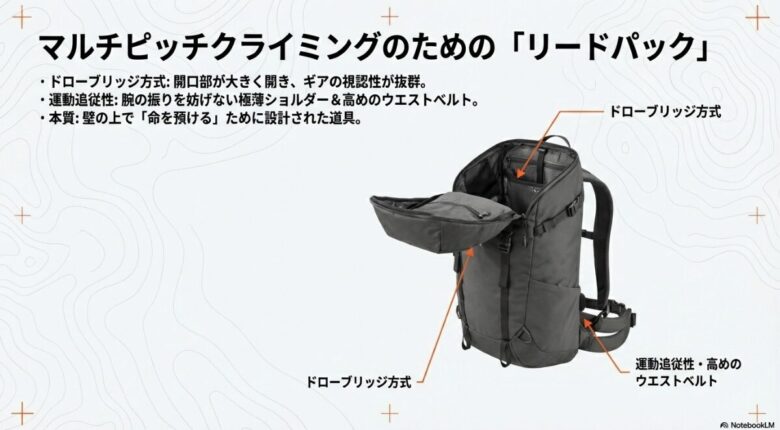 開口部が大きく開くドローブリッジ方式と、腕の振りを妨げない極薄ショルダー、高めのウエストベルトなどリードパックとしての設計解説