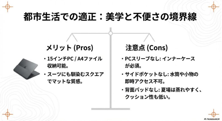 15インチPC収納可能などのメリットと、PCスリーブやサイドポケット、背面パッドがないことによる注意点を対比させたリスト。