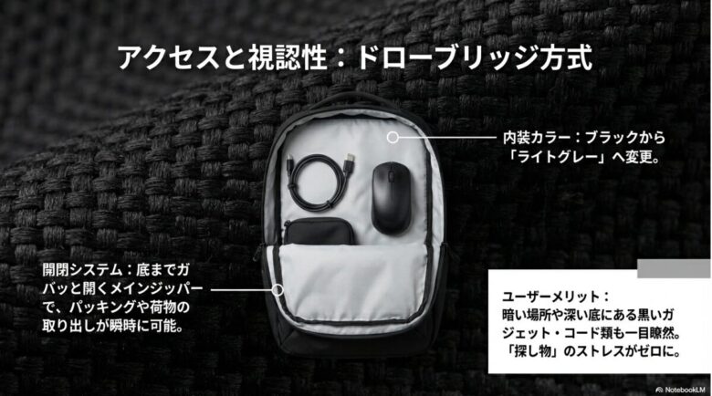 底まで開くメインジッパーと、内装カラーがライトグレーに変更されたことで、中の荷物が見やすくなったメリットの解説。