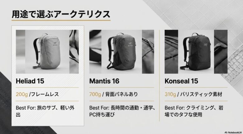 3つのモデルの重量、構造、最適な使用シーン(旅のサブ、通勤、クライミング)を比較した一覧スライド