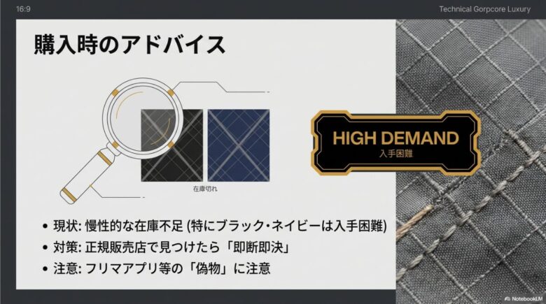 ブラックやネイビーの在庫切れを示すイラストと、フリマアプリ等の偽物に注意し即断即決を促すアドバイススライド。