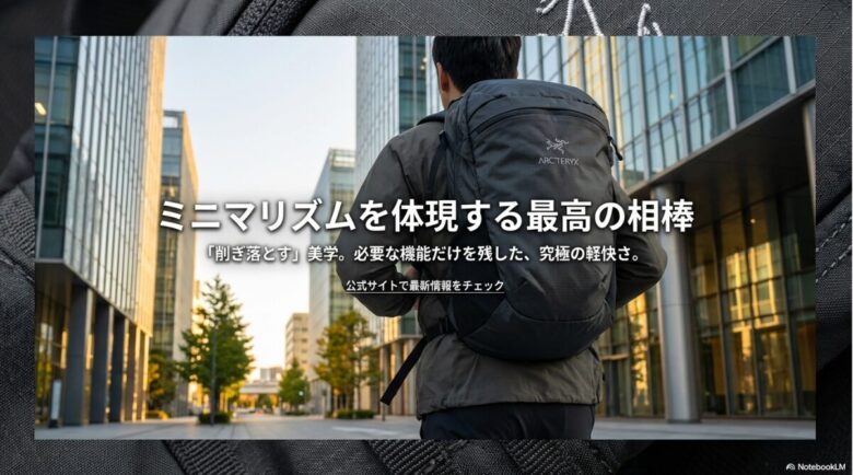 アークテリクスのロゴと共に、必要な機能だけを残した究極の軽快さを表現した締めくくりのスライド。