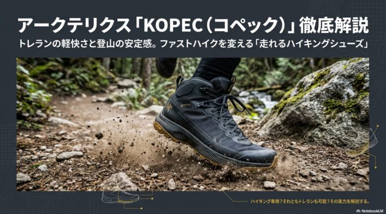 岩場の多いトレイルを軽快に駆け抜けるアークテリクス コペックの着用画像。トレランの軽快さと登山の安定感を両立するコンセプトを表現。
