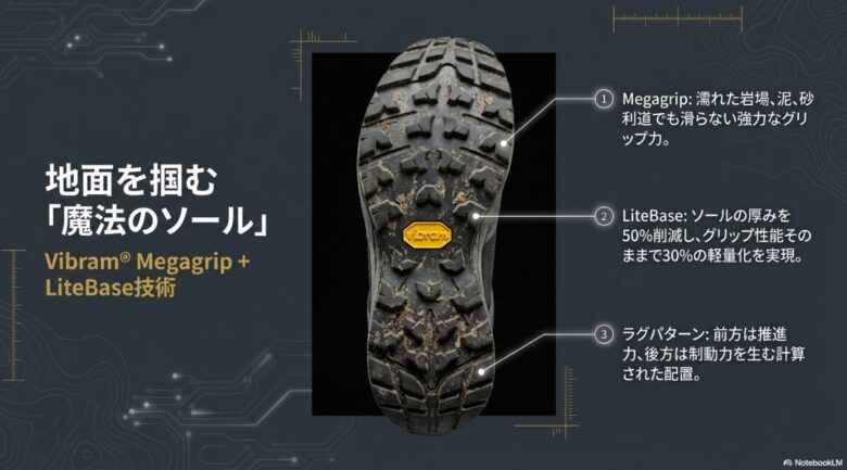 滑らない「魔法のソール」メガグリップと、30%の軽量化を実現したライトベース技術、そして推進力と制動力を生むラグパターンの配置図