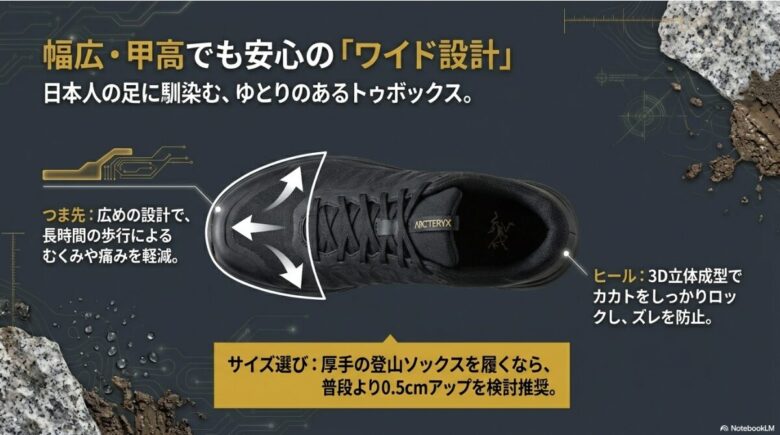 つま先周りにゆとりを持たせたワイド設計と、カカトをロックする3D立体成型、そして0.5cmアップを推奨するサイズ選びのコツをまとめたスライド