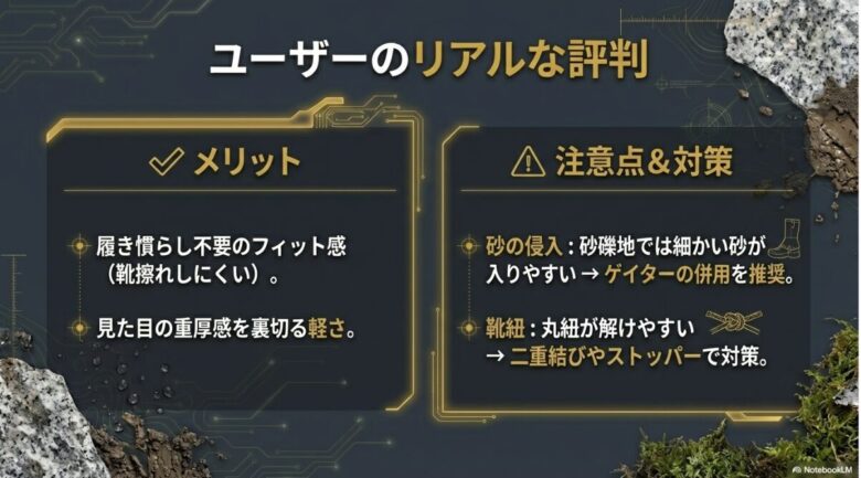 フィット感や軽さといったメリットと、砂の侵入や靴紐の緩みといった注意点およびその対策(ゲイター使用、二重結び)をまとめたスライド