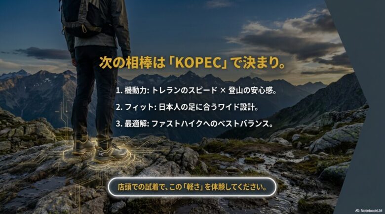 機動力、フィット感、ファストハイクへの最適解という3つのポイントから、コペックが次の相棒にふさわしい理由を総括するスライド