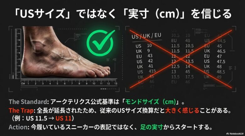 足の実寸をメジャーで測っている画像と、モンドサイズ基準の重要性を説くテキストスライド