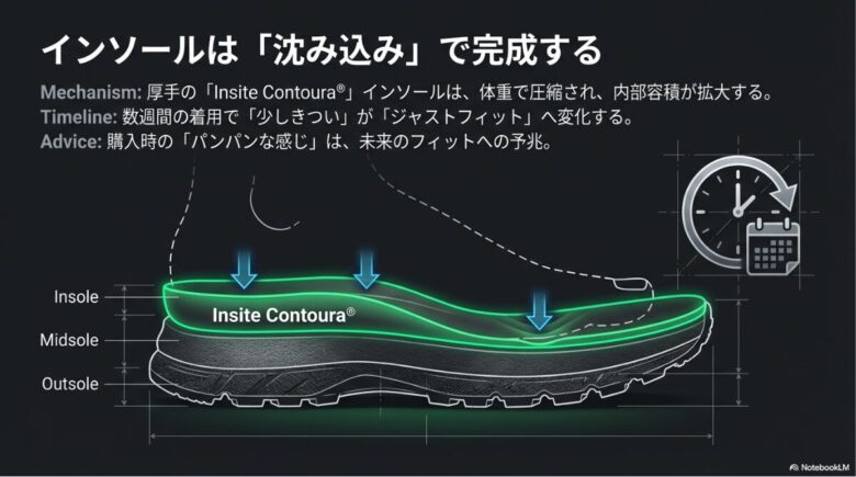 体重によってインソールが圧縮され、数週間で内部容積が拡大してフィットしていく過程の図解