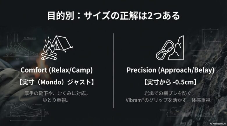 キャンプ用のゆとりあるサイズ選びと、岩場用のアグレッシブなサイズ選びの違いを比較した図解