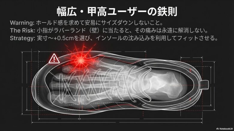 シューズ内での足の骨格図。小指がラバーランドに当たって痛むリスクを警告するイメージ図