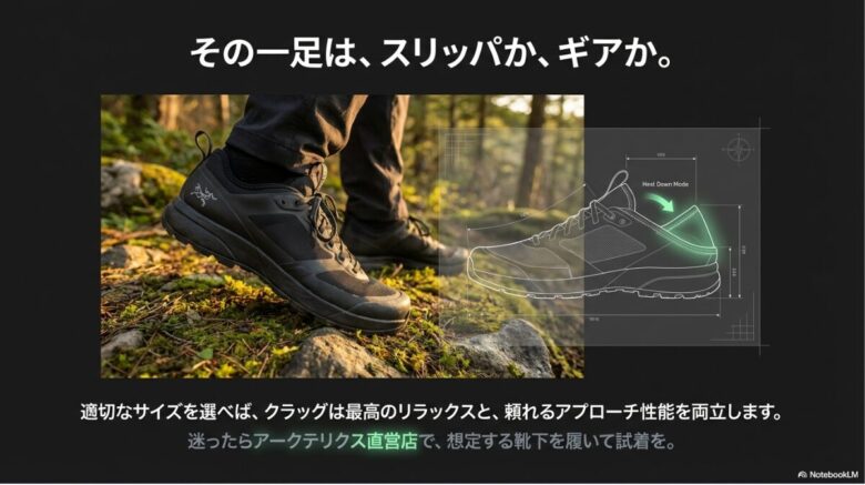 クラッグを履いて岩場を歩く実際の着用画像と、ヒールダウンモードの解説図  