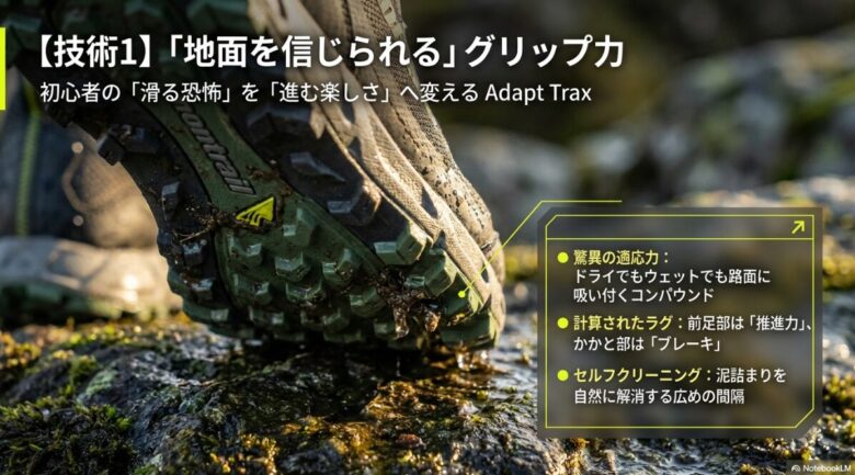 Adapt Traxの解説。ドライ・ウェット両対応のコンパウンド、推進力とブレーキを両立するラグ形状、泥詰まりを防ぐセルフクリーニング機能の説明