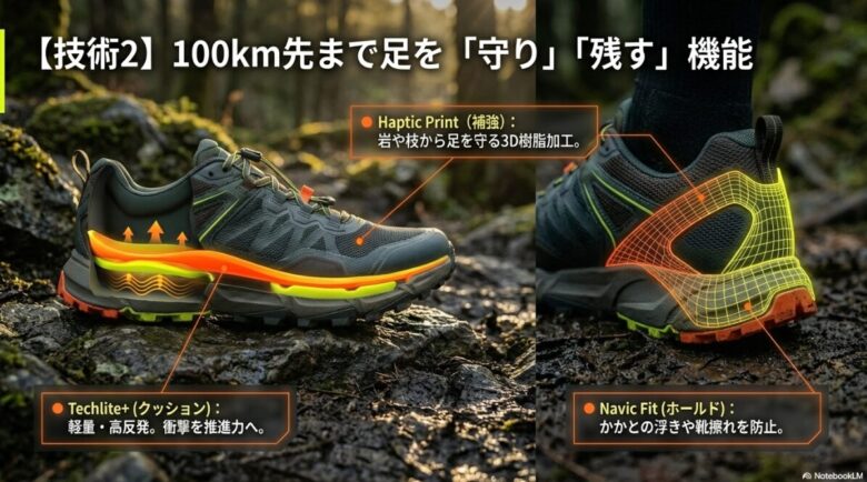 足を守るHaptic Print、クッションのTechlite+、ホールド感を高めるNavic Fitの3つの機能を解説したスライド