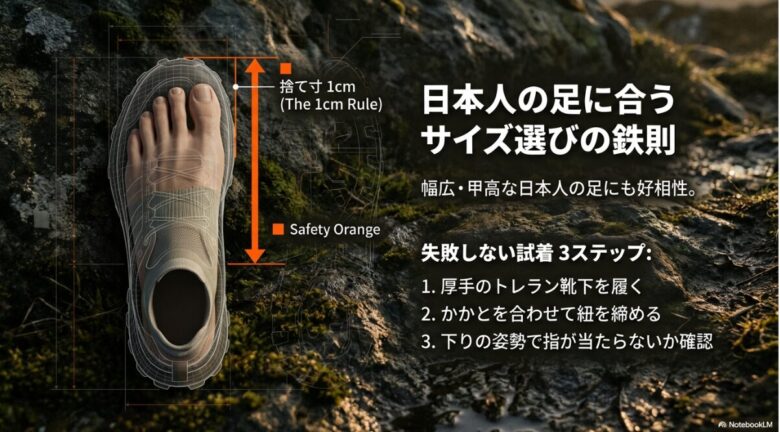 つま先1cmの余裕を持たせる「捨て寸の鉄則」と、失敗しない試着3ステップを解説するスライド