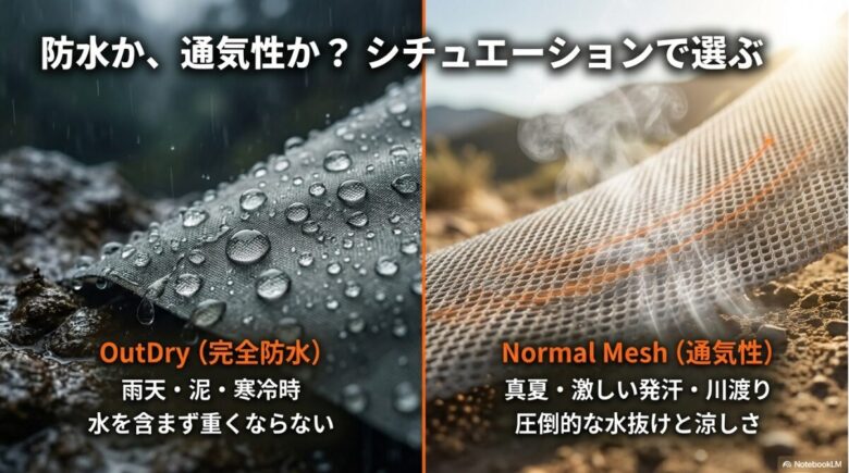 アウトドライとノーマルメッシュを、雨天や真夏などのシチュエーション別にどちらを選ぶべきか比較した図