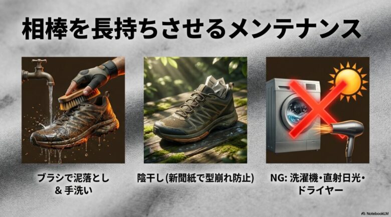 ブラシでの泥落としと手洗い、陰干しの推奨。洗濯機やドライヤー、直射日光がNGであることを示すイラストスライド