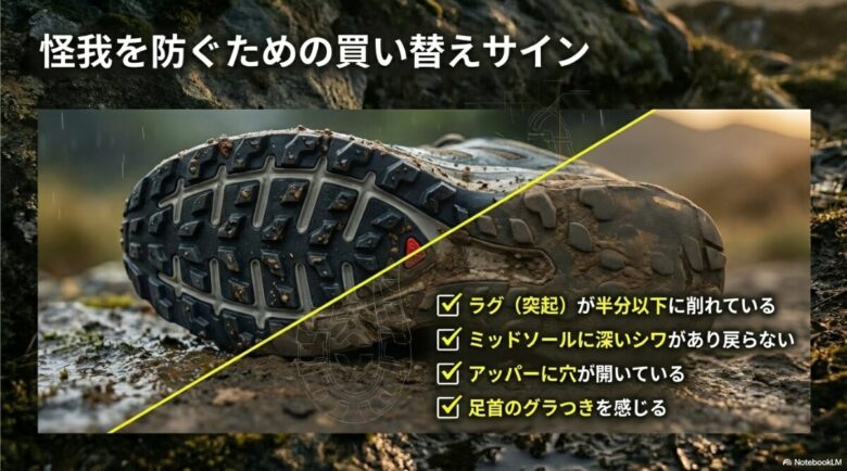 ラグの摩耗、ミッドソールのシワ、アッパーの穴、足首のグラつきなど、シューズの寿命を見極めるチェックリスト