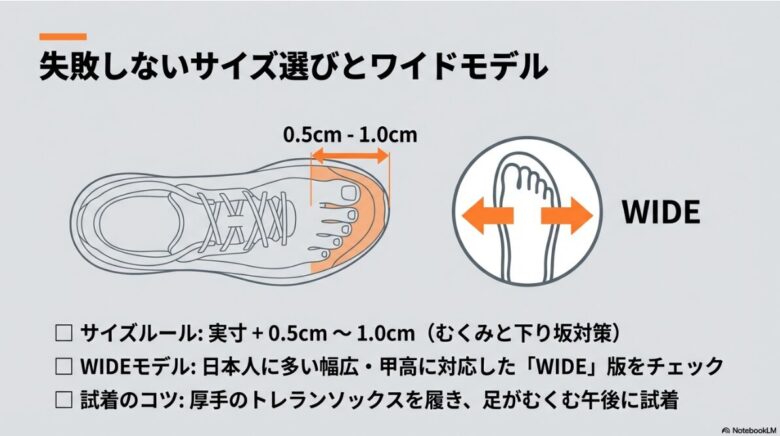 つま先に0.5cmから1.0cmの余裕を持たせるサイズ選びの図解。日本人に多い幅広・甲高に対応したWIDEモデルの推奨。