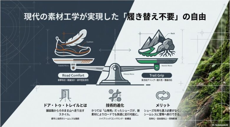 衝撃吸収や都市型反発性を持つロードの快適性と、多方向グリップや耐久性を持つトレイルのグリップ力が組み合わさり、履き替え不要の自由を実現する技術進化の概念図。