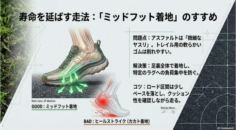 アスファルトによるラグの摩耗を防ぐため、足裏全体で着地するミッドフット着地を推奨する図解。カカト着地（ヒールストライク）は特定の負荷が集中するため避けるべきとされている。